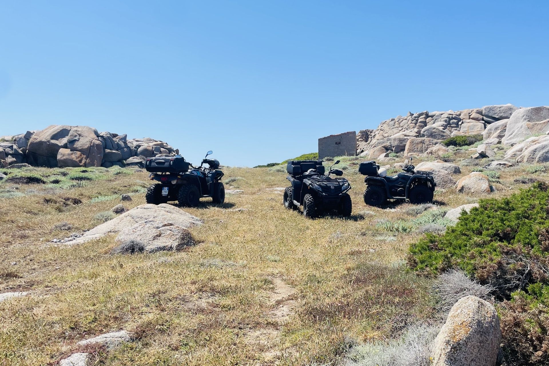Tre quad parcheggiati su un terreno erboso e roccioso, con un paesaggio panoramico sullo sfondo