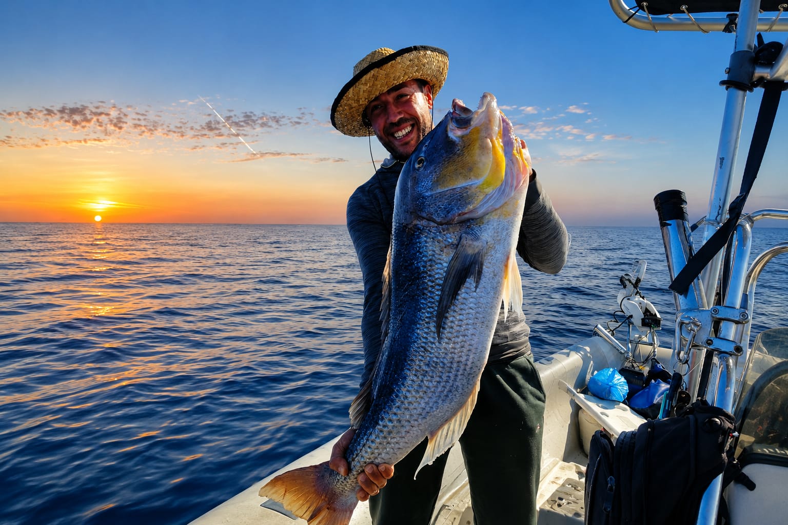 Smiling man in a boat holding a big fish in his hand with background of sea and sky at sunset
