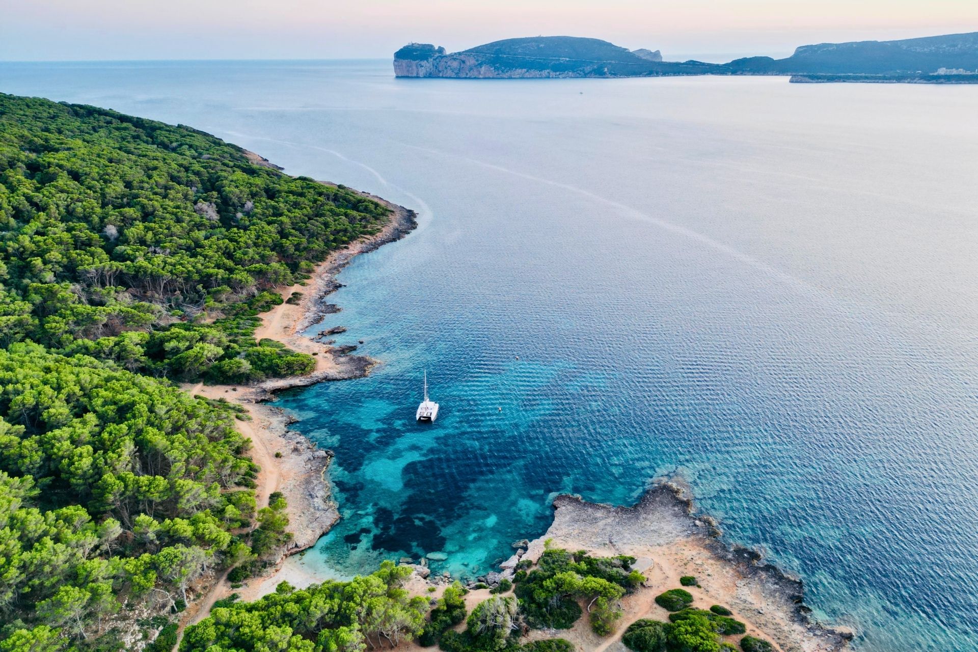 Un catamarán navega por la costa de una región del noroeste, con un acantilado al fondo y una cala de aguas cristalinas.