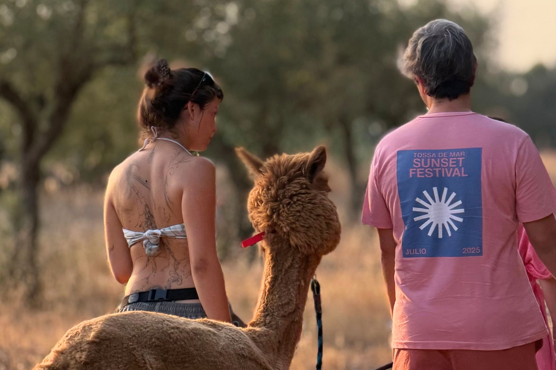 A woman and a man share a walk with an alpaca in a verdant countryside, with trees in the background. The woman is wearing a bikini and a belt, while the man is wearing a pink t-shirt with the logo