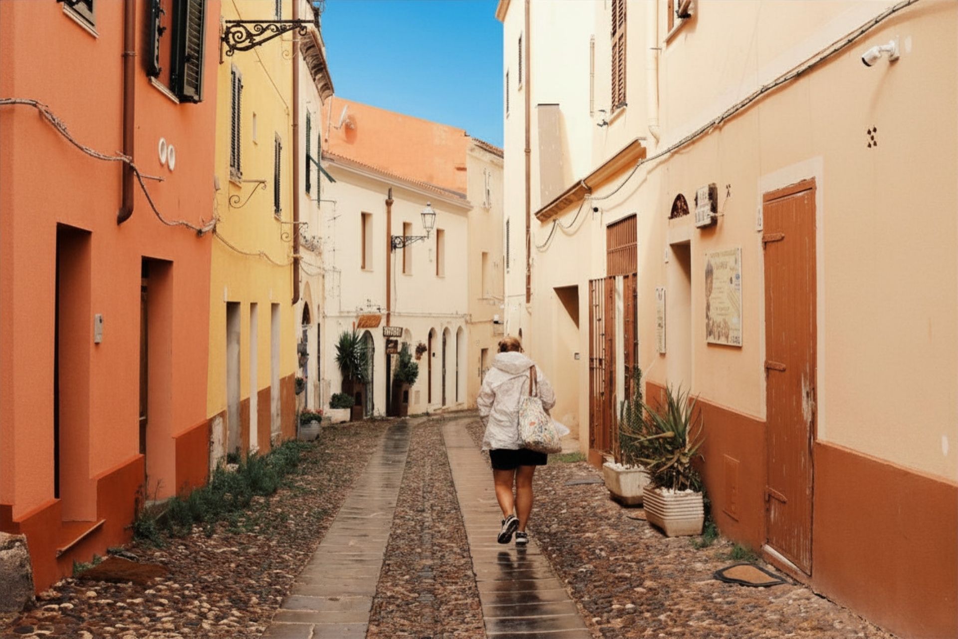 Una mujer camina por una calle estrecha y adoquinada entre edificios coloridos