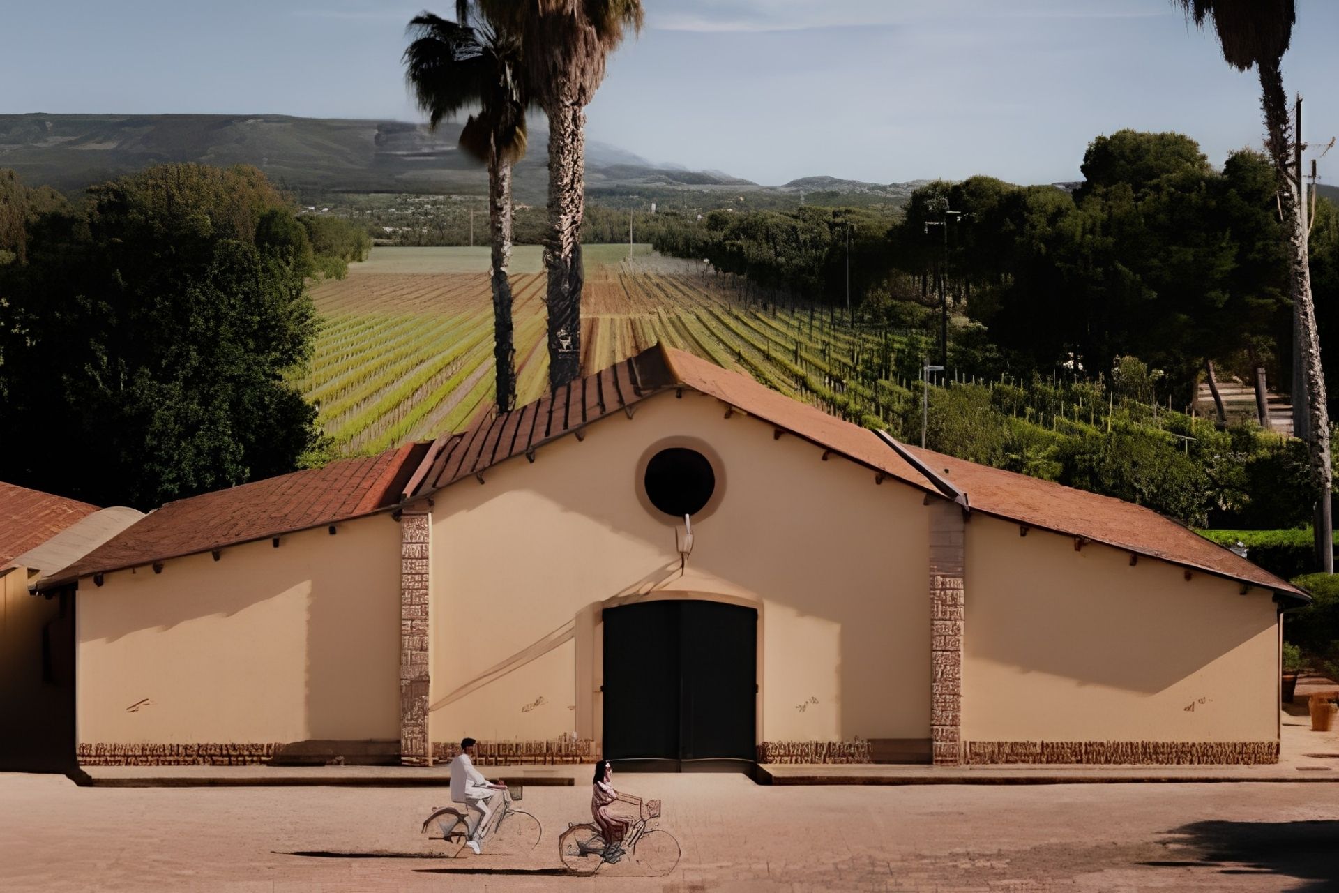 Dos personas pedalean frente a una casa de piedra con tierras de cultivo al fondo.