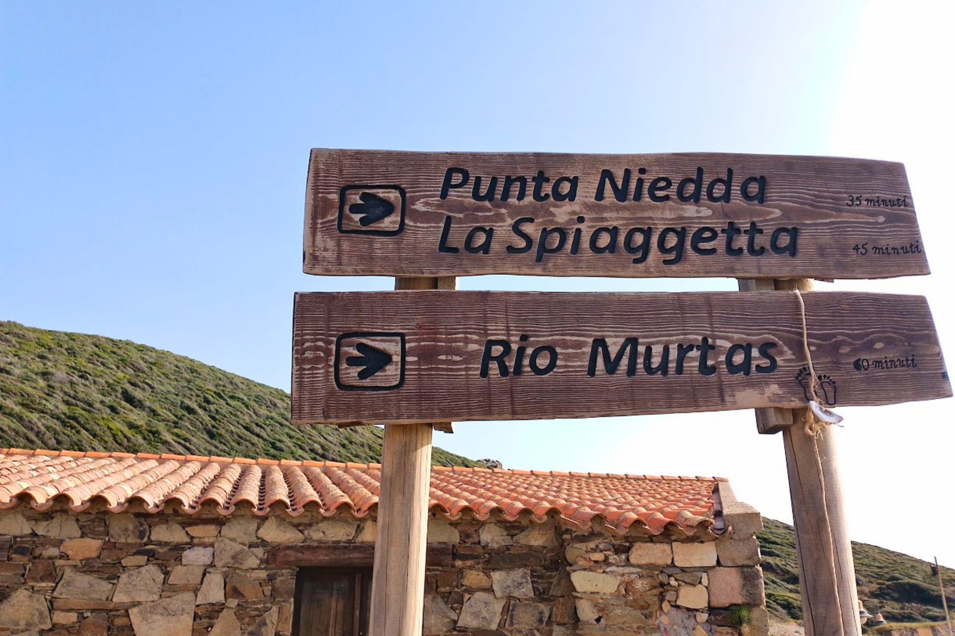 Touristisches Schild mit Schildern nach Punta Niedda, La Spiaggetta und Rio Murtas, vor dem Hintergrund eines Steingebäudes und eines grünen Hügels