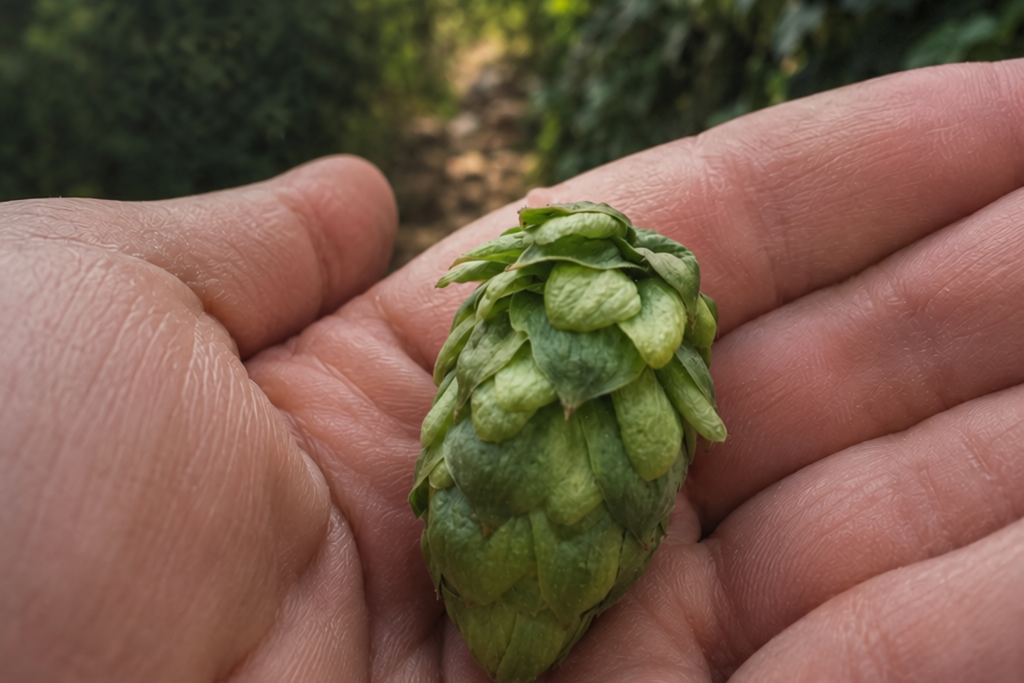 One hand holds a green hop, symbol of artisanal beer production in Perfugas