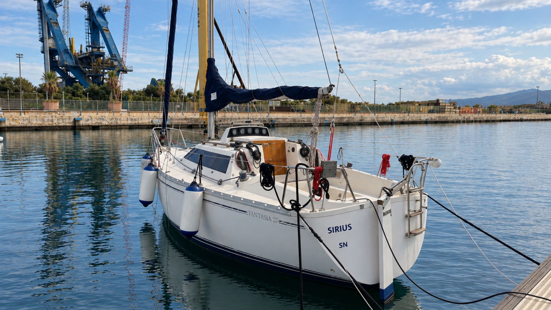 Image d'un voilier amarré dans un port avec des plages et des falaises en arrière-plan