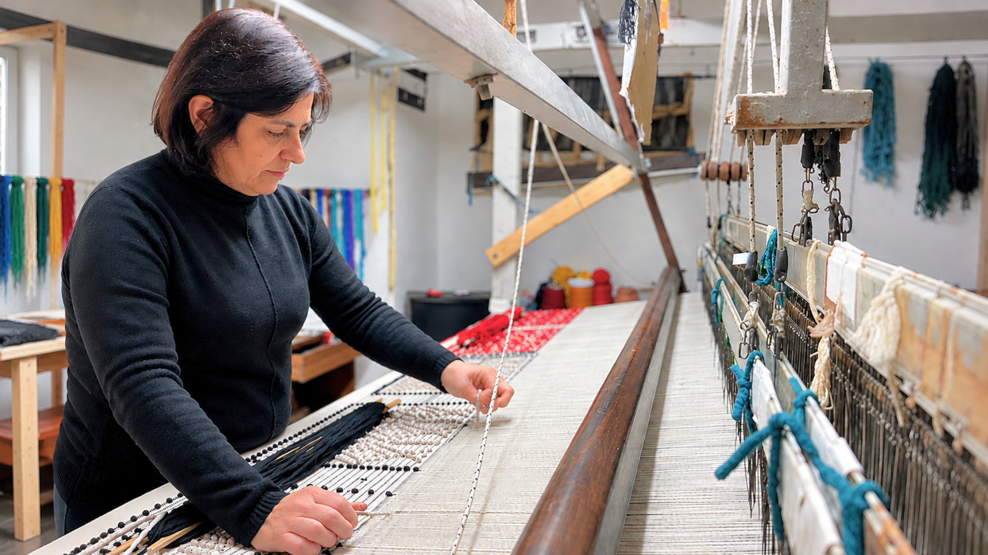Una donna lavora con un telaio in un laboratorio di tessitura artigianale